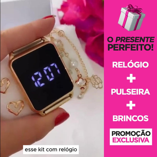 Kit Relógio Feminino Digital Led com Brinco e Pulseira